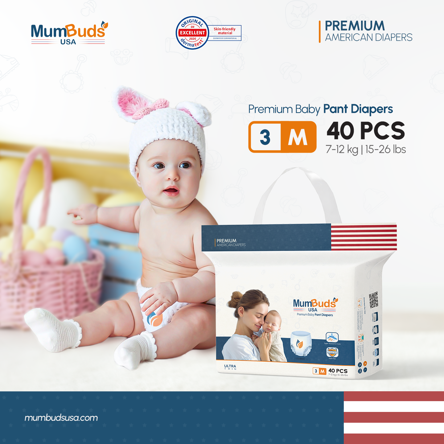 MumBuds USA ZIPLOCK PACK Ultrathin Baby Diapers Size-3 Medium (7-12kg) – 40 pcs Pant Style